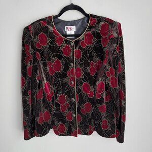R&K Originals Red/Brown Floral Velvet Gold Trim Vintage Blazer Jacket